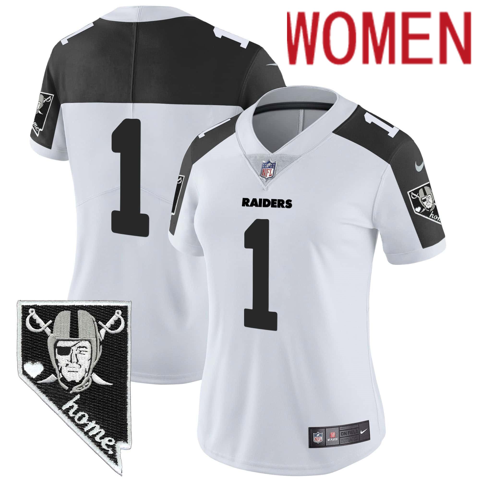 Women Oakland Raiders #1 No Name White 2024 Nike Nevada Home Patch Vapor NFL Jersey style 1->customized nfl jersey->Custom Jersey